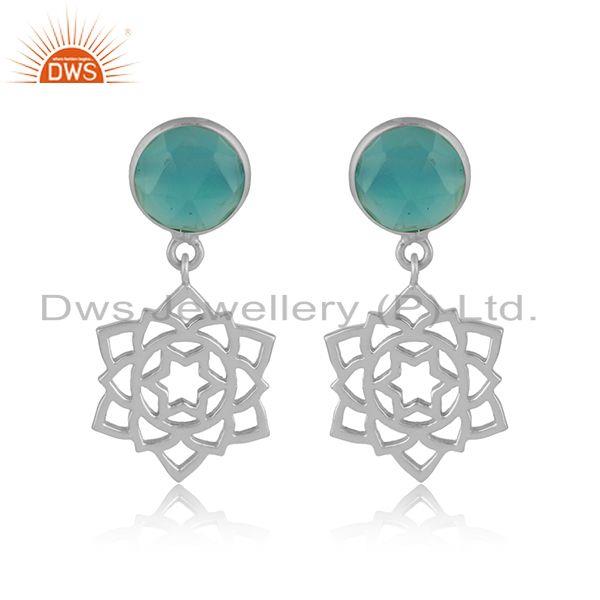 Designer anahata earring in solid silver 925 with aqua chalcedony