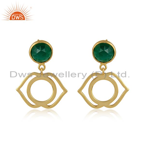 Ajna chakra earring in yellow gold on silver 925 with green onyx