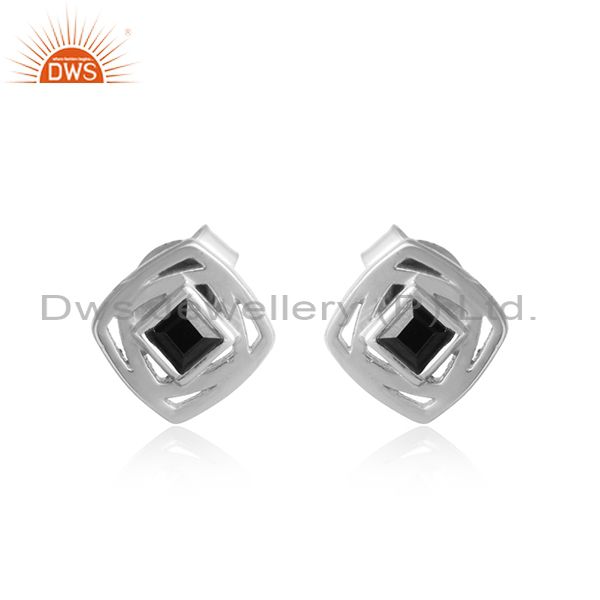 Natural black onyx gemstone sterling silver designer stud earring