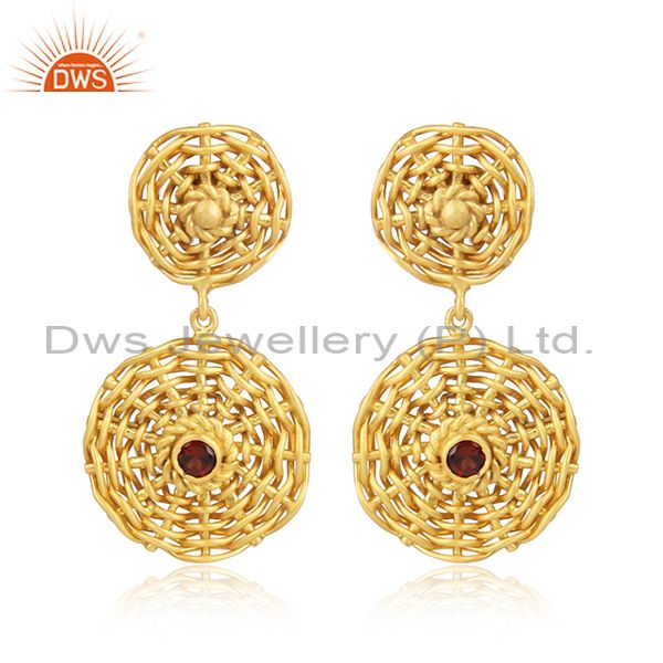 Garnet Set Gold On Silver Woven Pattern Long Drop Earrings