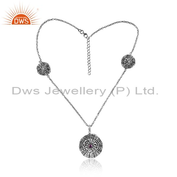 Floral Woven Charms Amethyst Set Oxidized Silver Necklace