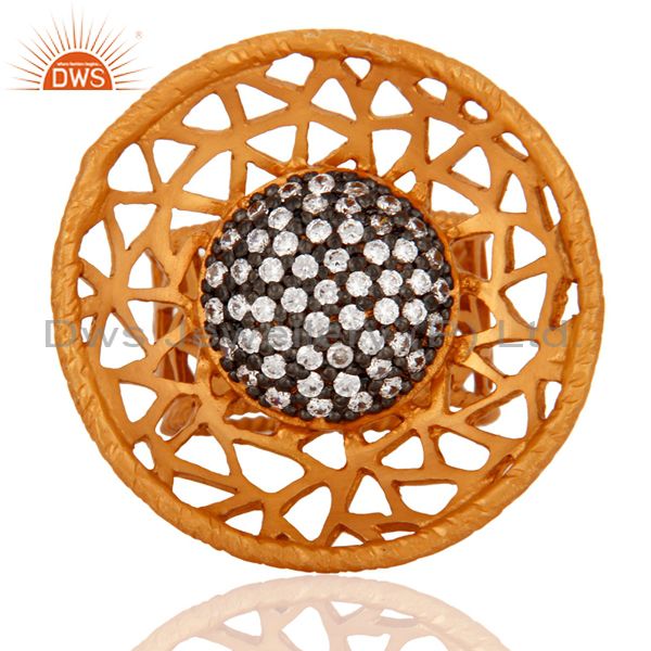 Indian 925 Sterling Silver 22K Gold Plated Filigree Design Zircon Cocktail Ring