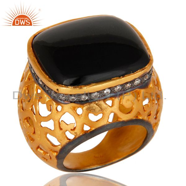 22K Yellow Gold Plated Sterling Silver CZ And Black Onyx Filigree Cocktail Ring