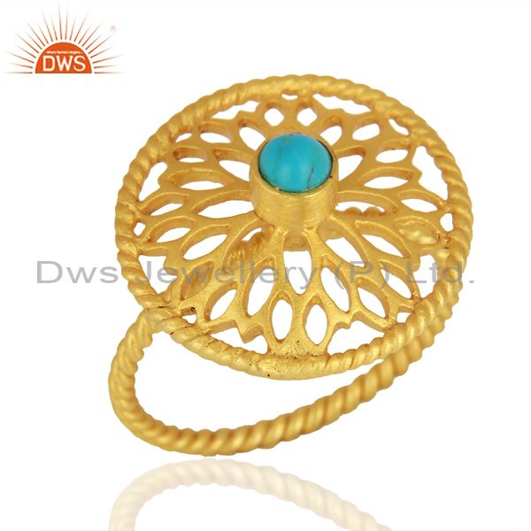 Natural Turquoise Gemstone Designer Gold Plated Silver Rings Wholesale