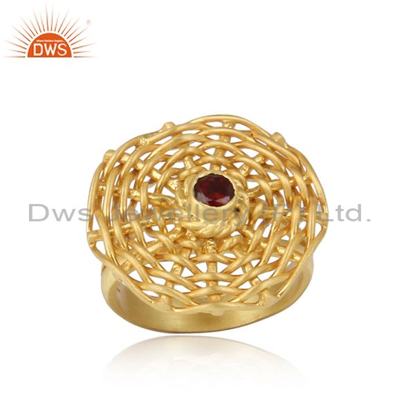 Red Garnet Set Woven Style Gold On 925 Silver Handmade Ring