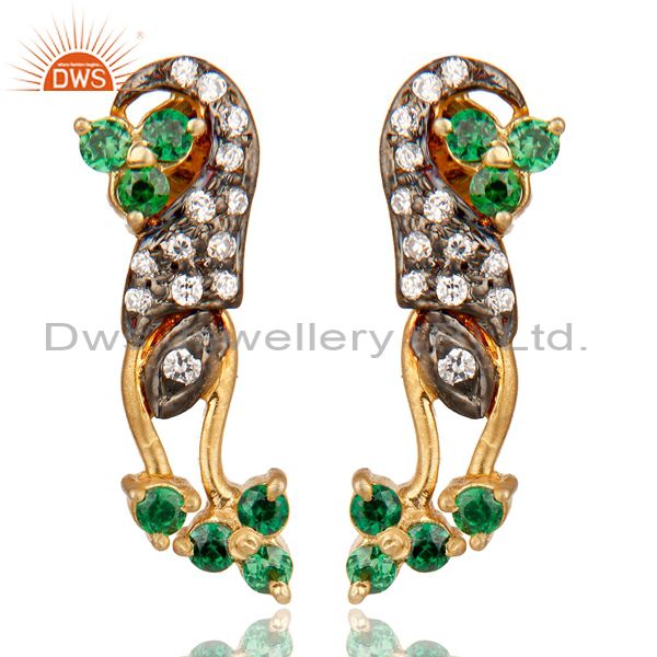 Handmade Green Cubic Zirconia 925 Sterling Silver Stud Earrings With Gold Plated