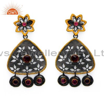 Oxidized And Gold Plated Sterling Silver Pink Tourmaline Designer Dangle Earring