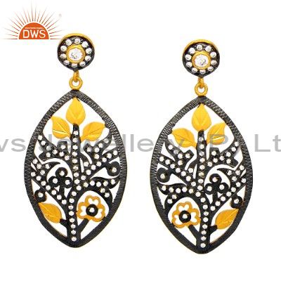 Black Rhodium Plated Sterling Silver CZ Floral Design Dangle Earrings With CZ