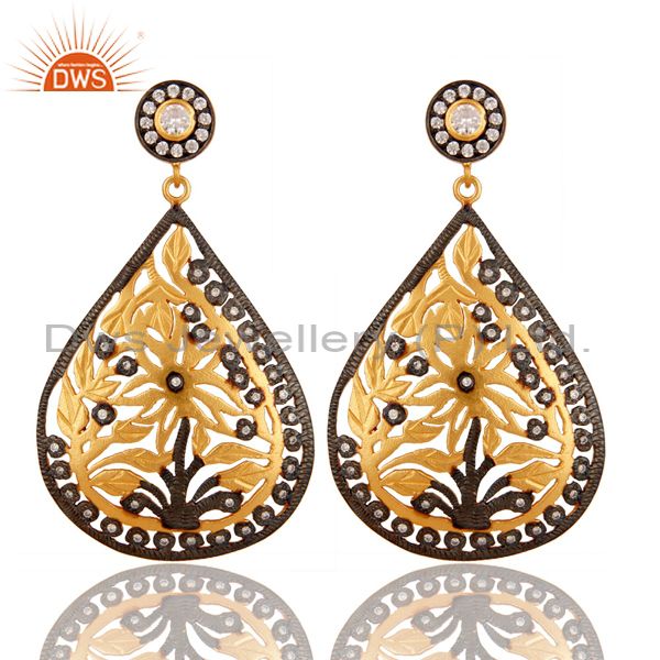 Oxidized And 18K Gold Plated Silver CZ Floral Filigree Design Dangle Earrings