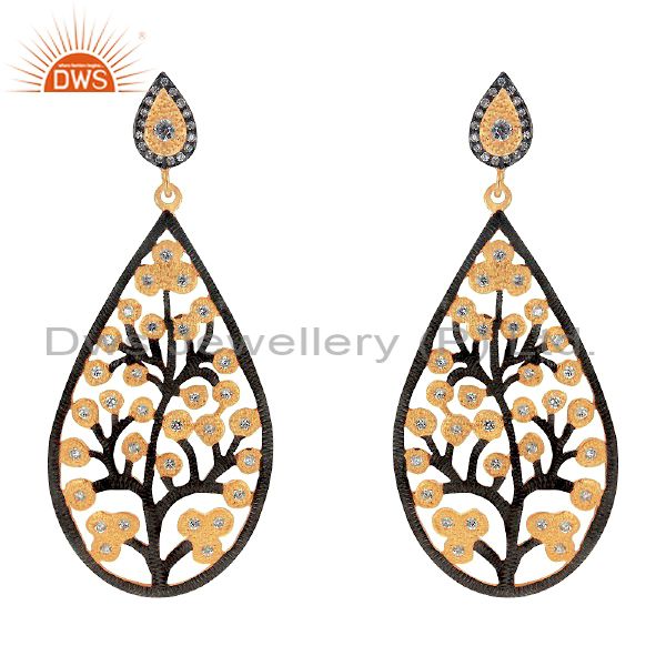 Oxidized And 18K Gold Plated Sterling Silver Tree Design Dangle Earrings With CZ