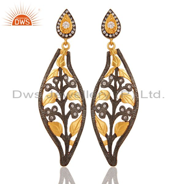 18K Yellow Gold Plated Sterling Silver CZ Floral Designer Dangle Earrings