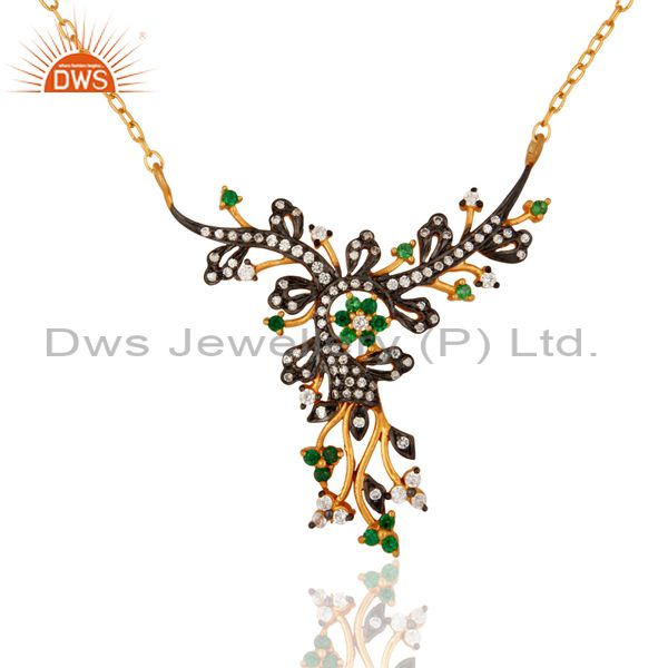 Gold plated sterling silver antique style green & white cubic zirconia necklace
