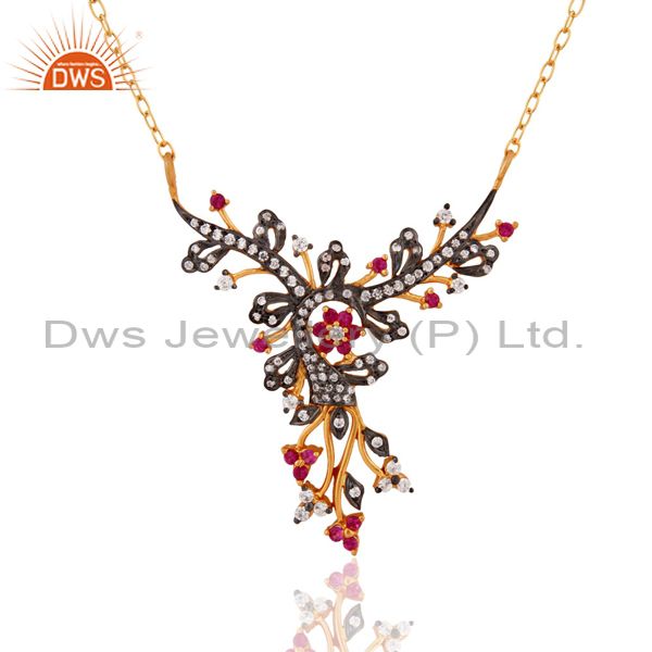 Red cubic zirconia necklace 18k gold over sterling silver antique style jewelry