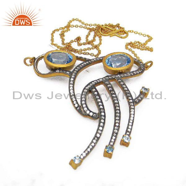 18k yellow gold plated sterling silver blue topaz and cz pendant with chain