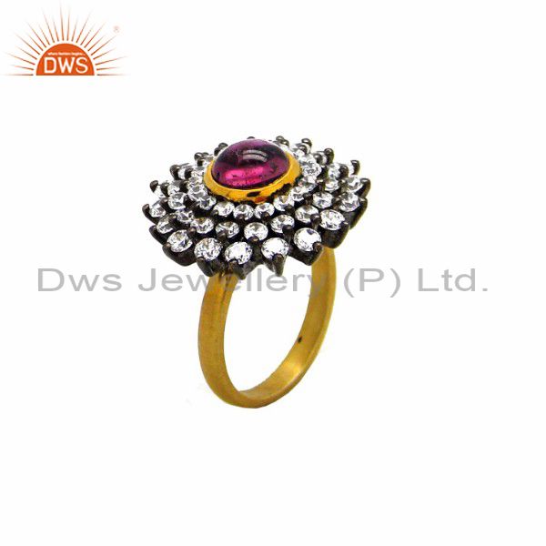 18K Yellow Gold Plated Brass Pink Glass And Cubic Zirconia Fashion Cocktail Ring