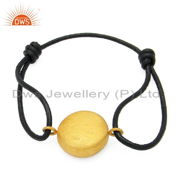 18k yellow gold plated sterling silver charm adjustable leather bracelet