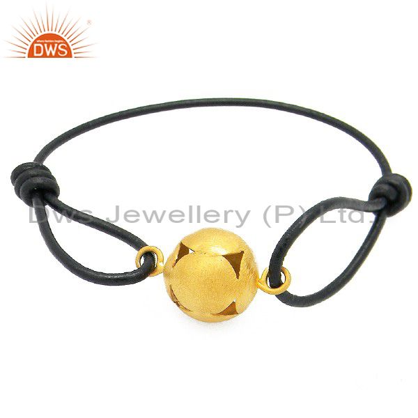 18k yellow gold plated sterling silver sphere charm leather macrame bracelet