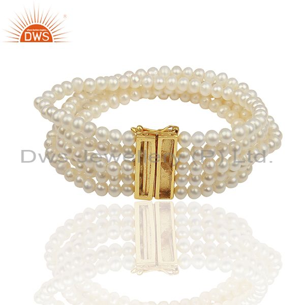 18k yellow gold plated sterling silver white pearl bead fashion bracelet jewelry