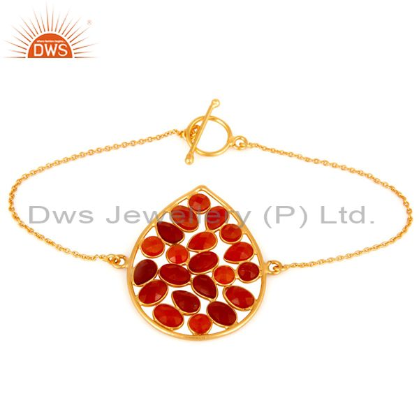 Red onyx gemstone 925 sterling silver with18k yellow gold-plated chain bracelet