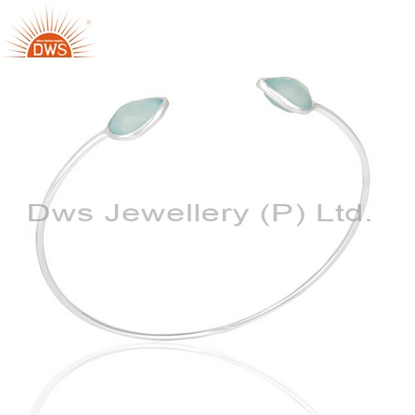 Aqua chlacedony adjustable openable white rhodium 92.5 sterling silver bangle