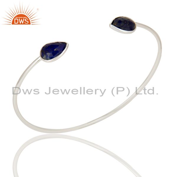 Solid 925 sterling silver lapis lazuli gemstone openable sleek cuff bangle