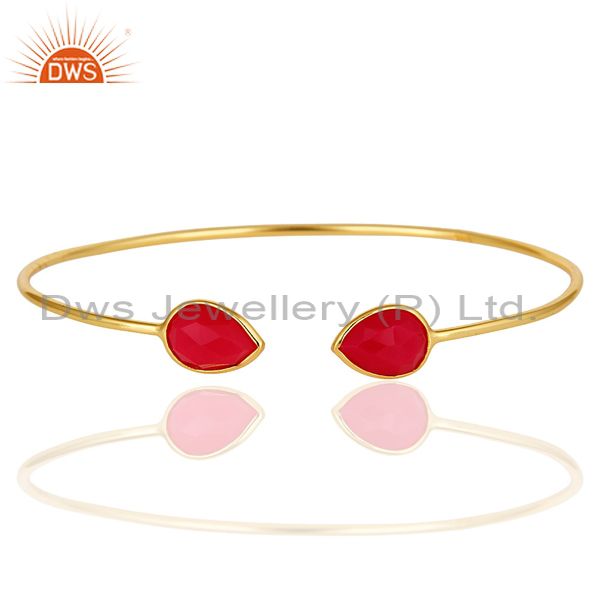Dyed pink chalcedony gemstone 18k yellow gold plated sterling silver bangle