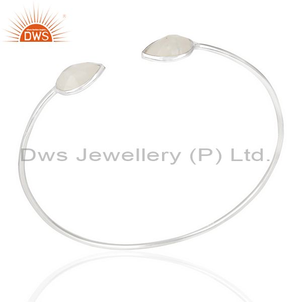 Natural rainbow moonstone adjustable openable white rhodium 92.5 silver bangle