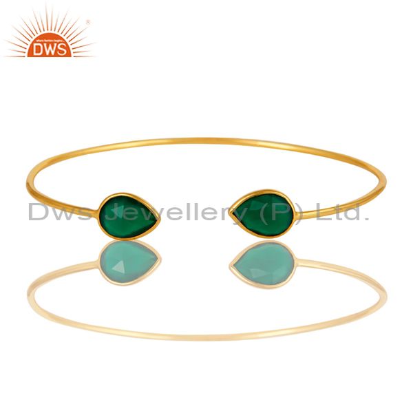 Natural green onyx gemstone sterling silver adjustable bangle with gold plated