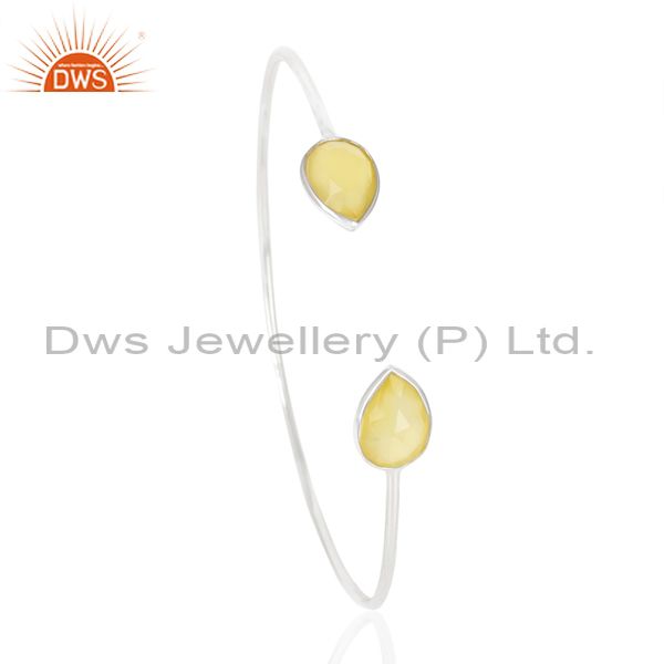 Yellow chalcedony adjustable openable white rhodium 92.5 sterling silver bangle