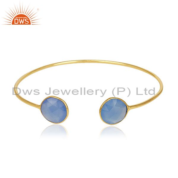 Gold plated 925 silver blue chalcedony gemstone cuff bracelet wholesale