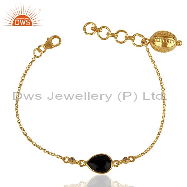 14k yellow gold plated sterling silver black onyx and white topaz chain bracelet