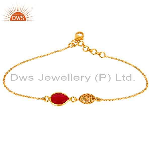 18k gold plated sterling silver pink chalcedony gemstone designer chain bracelet