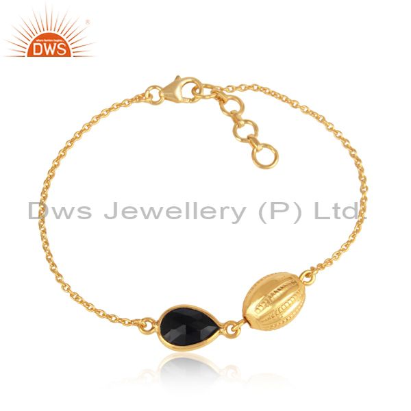 18k yellow gold plated sterling silver black onyx designer chain bracelet