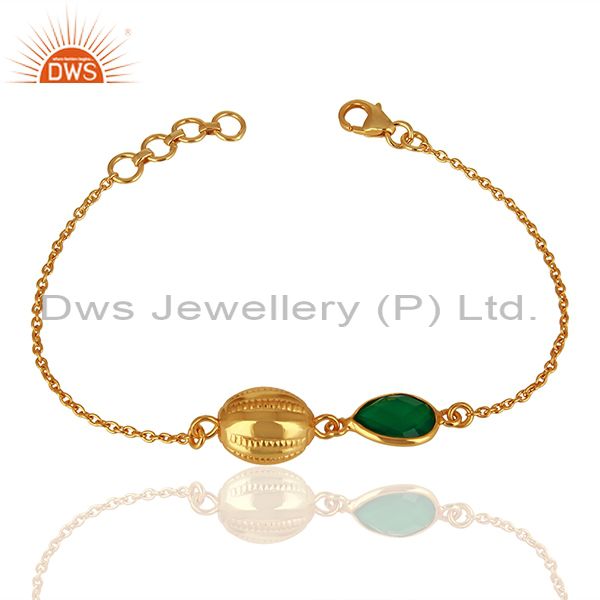 14k yellow gold plated sterling silver green onyx designer chain bracelet