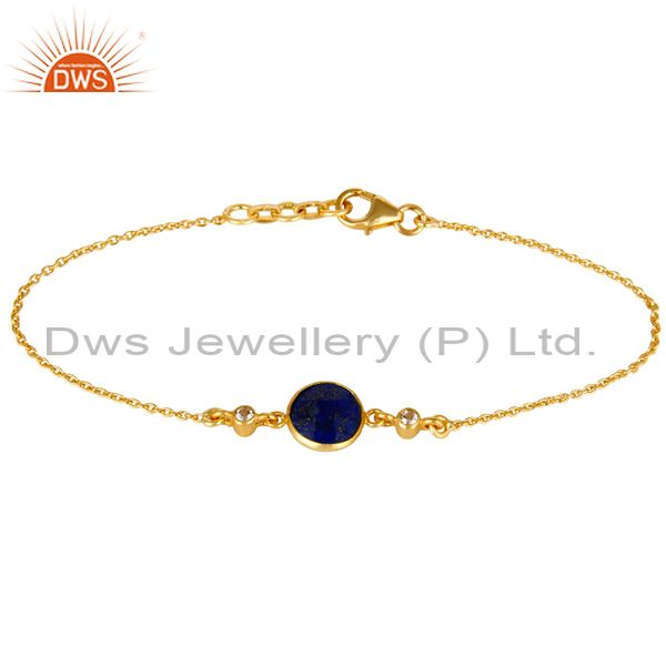 14k yellow gold plated sterling silver lapis lazuli & white topaz chain bracelet