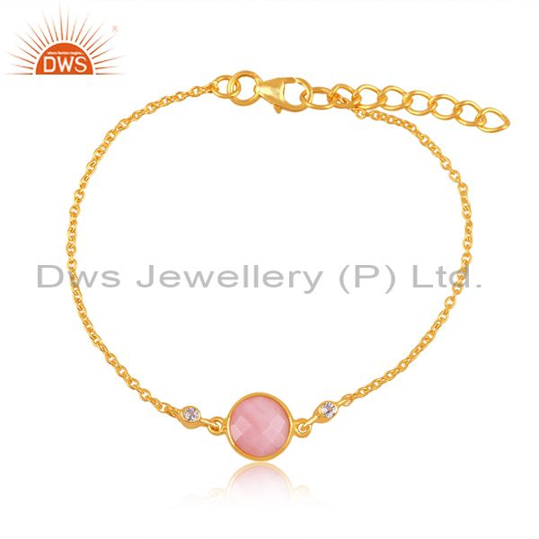 14k yellow gold plated sterling silver pink opal and white topaz chain bracelet
