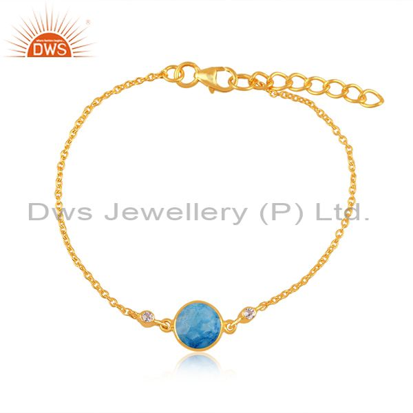 14k yellow gold plated sterling silver turquoise and white topaz chain bracelet
