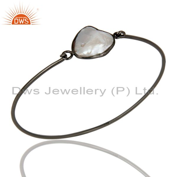 Natural white pearl silver black oxidized handmade openable bangle