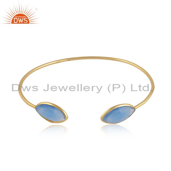 18k gold plated 925 silver blue chalcedony gemstone cuff bangles