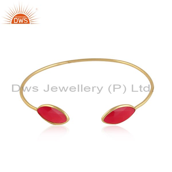 Pink chalcedony gemstone designer gold plated silver cuff bangle