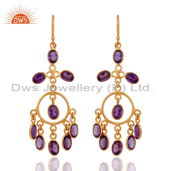 Purple Amethyst Gemstone Chandelier Earrings In 24k Gold Plated Over 925 Silver