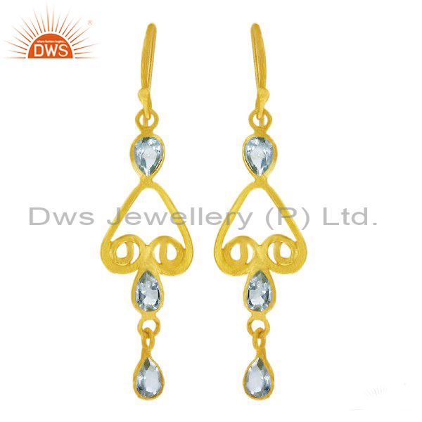 18K Yellow Gold Plated Sterling Silver Blue Topaz Gemstone Dangle Earrings
