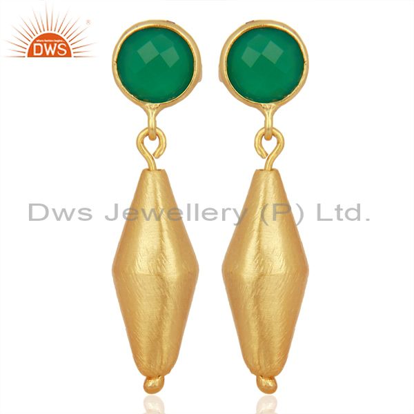 24K Matte Gold Plated Sterling Silver Green Onyx Designer Dangle Earrings