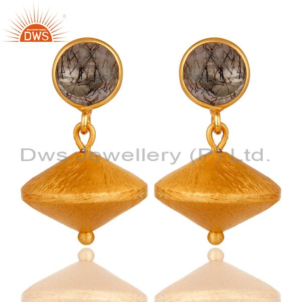 24K Yellow Gold Plated Sterling Silver Matte Toumulated Quartz Dangle Earrings