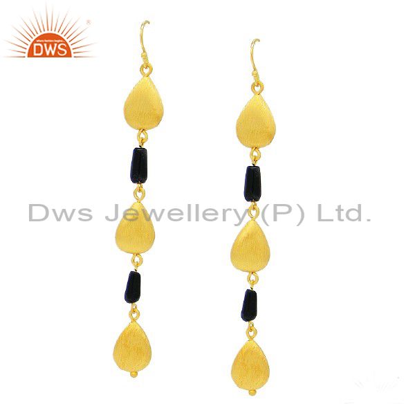 24K Yellow Gold Plated Sterling Silver Black Onyx Designer Dangle Earrings