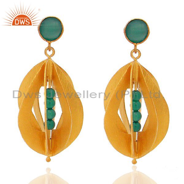 18K Yellow Gold Plated Sterling Silver Green Onyx Designer Earrings