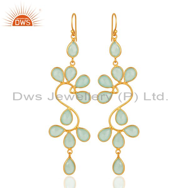 Created Aqua Blue Chalcedony Handmade Sterling Silver Earrings With Gold Plated