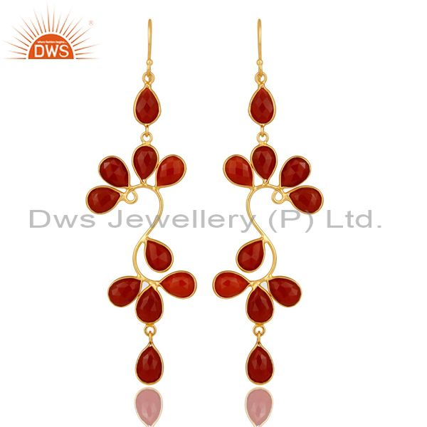 22K Yellow Gold Plated Sterling Silver Red Onyx Gemstone Dangle Earrings