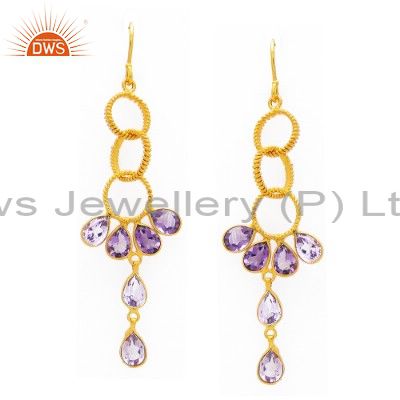 925 Sterling Silver Amethyst Gemstone Dangle Earrings With 14K Gold Plated