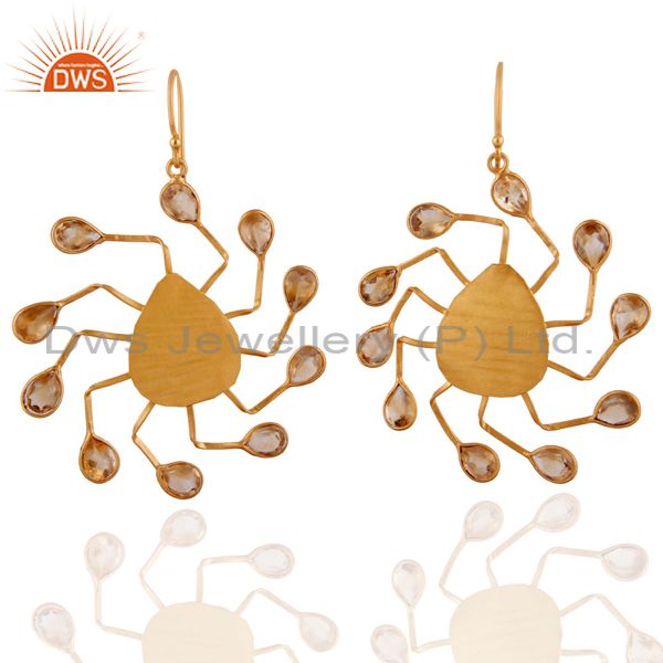 18K Yellow Gold Plated Sterling Silver Citrine Gemstone Spider Earrings